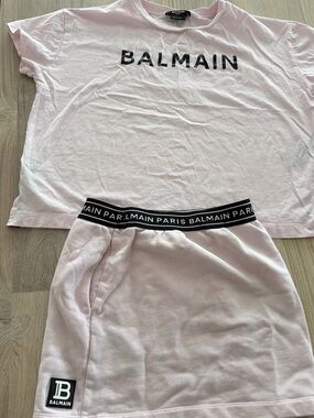 Balmain Pale Pink Logo Tee and Skirt Set